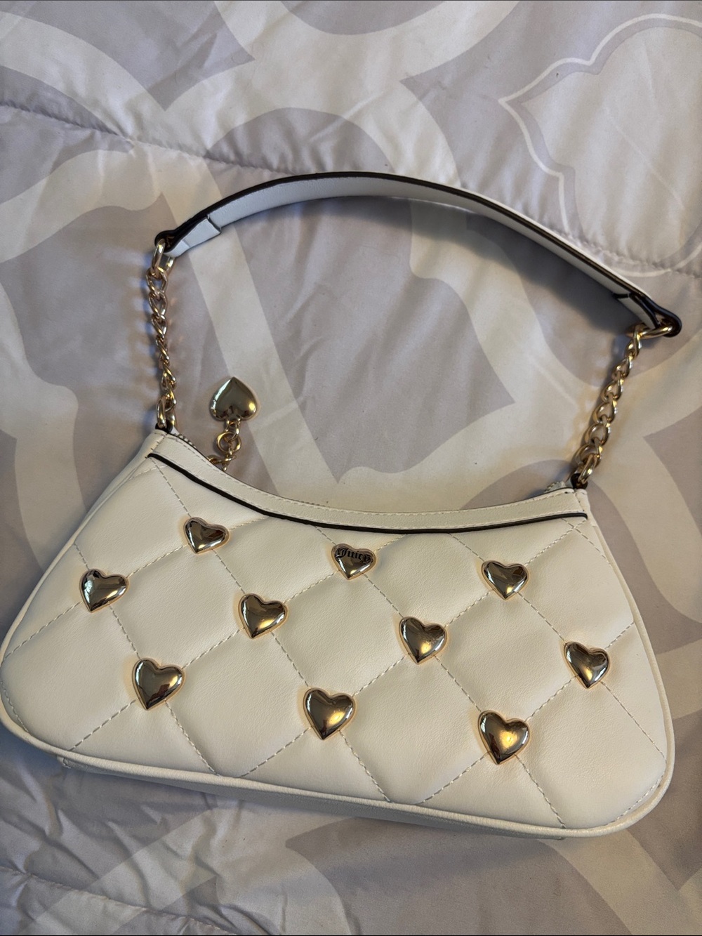 Juicy Couture White Quilted Shoulder Bag with Gold Heart Studs and Chain Strap